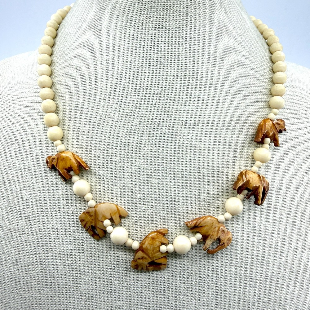 Y2K Boho Elephant Beaded Statement Necklace Ethnic Animal Artisan Carved Gift